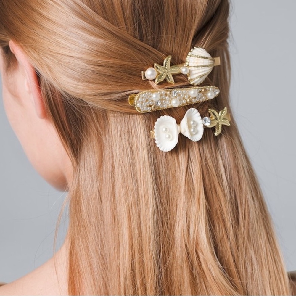 WHBM FAUX PEARL & SHELL HAIR CLIPS SET OF 3